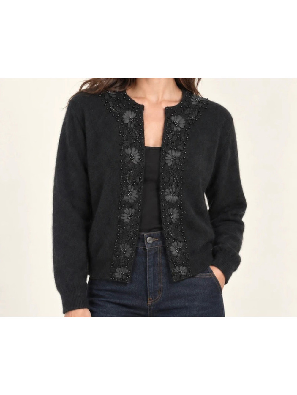 Vintage FurBlend Black Angora Lambswool Cardigan Beaded Floral Sweater M/L